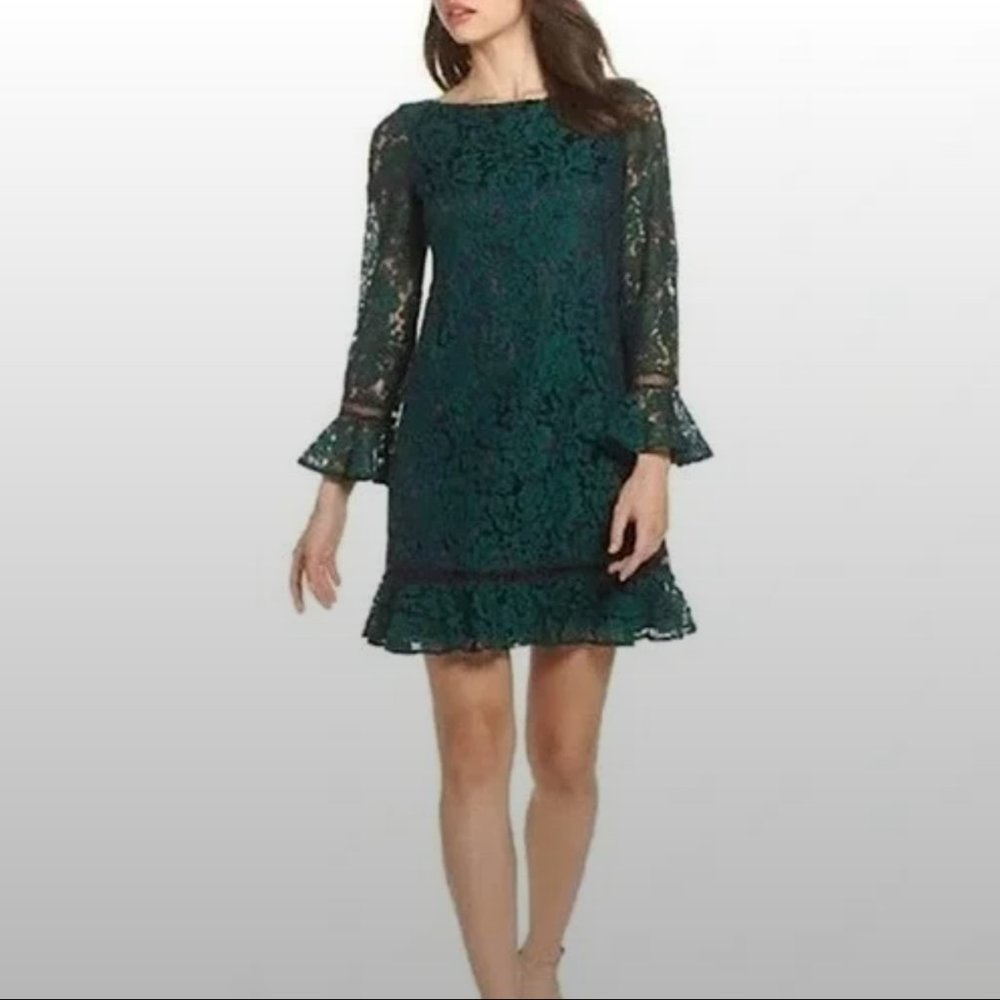 Dark Emerald Green Bell Sleeve Floral Lace Shift Dress Ruffle Hem